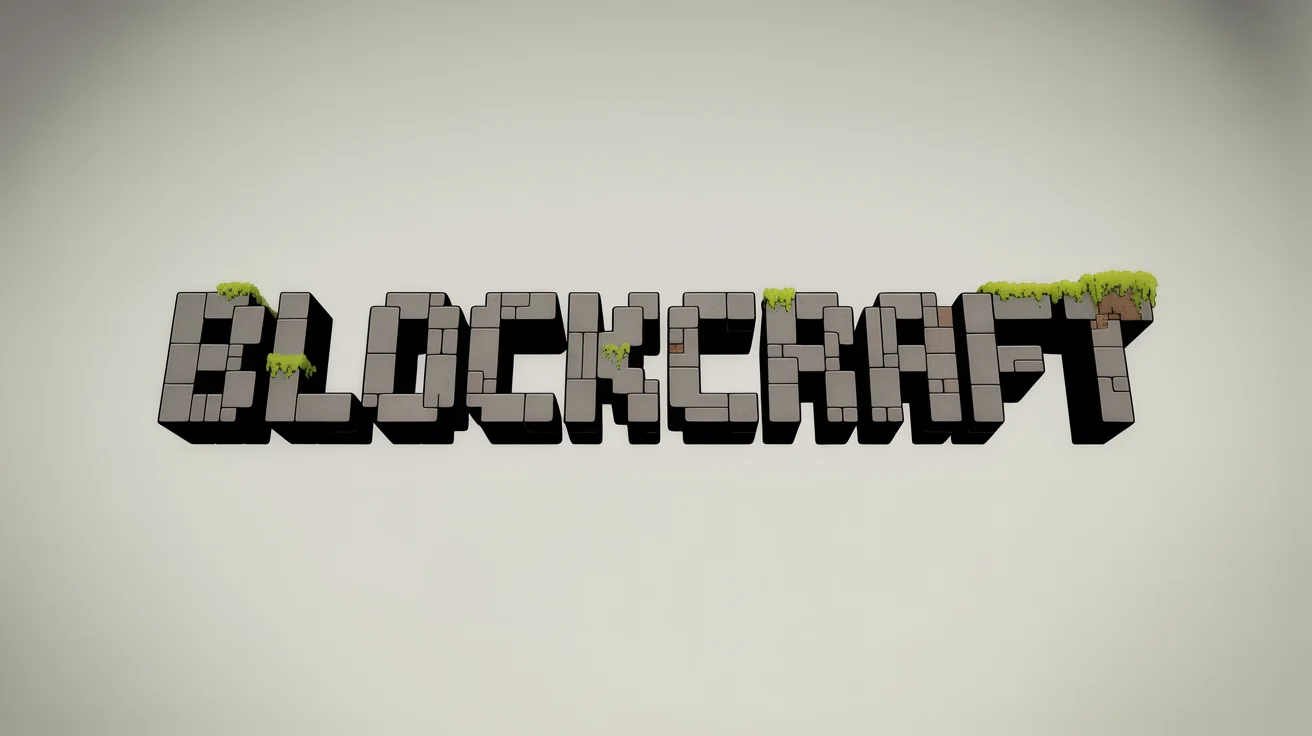 A 3D logo for 'BLOCKCRAFT' designed in a pixelated, blocky style similar to Minecraft, made of chiseled stone with moss, on a white background.