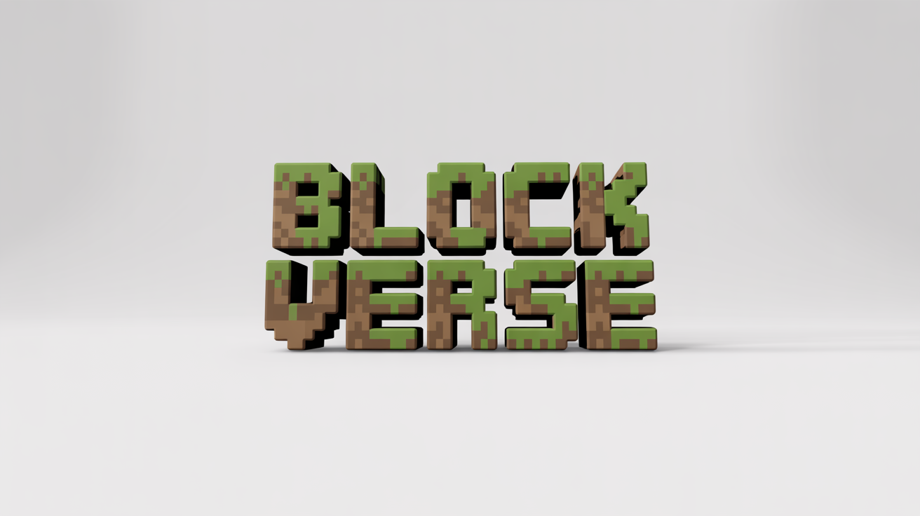A 3D logo mockup that says 'BLOCK VERSE' in a blocky, pixelated style inspired by Minecraft, featuring letters made of grass and dirt blocks, set against a clean white background.