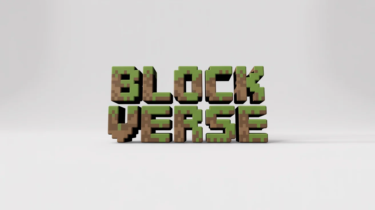 A 3D logo mockup that says 'BLOCK VERSE' in a blocky, pixelated style inspired by Minecraft, featuring letters made of grass and dirt blocks, set against a clean white background.