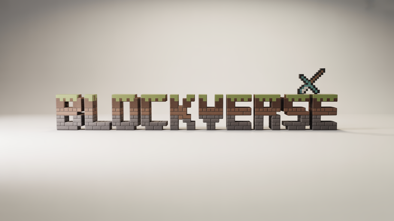 A 3D logo with the word 'BLOCKVERSE' designed in a blocky, video-game style, with textures of stone, dirt, and grass. The logo is set against a plain white background.