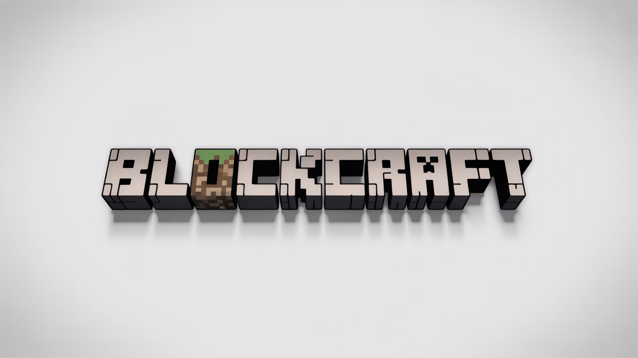 A 3D logo in the style of Minecraft reading 'BLOCKCRAFT', made from cubes of stone, dirt, and diamond ore, set against a clean white background.
