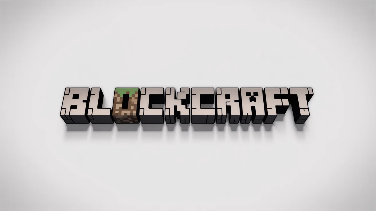 A 3D logo in the style of Minecraft reading 'BLOCKCRAFT', made from cubes of stone, dirt, and diamond ore, set against a clean white background.