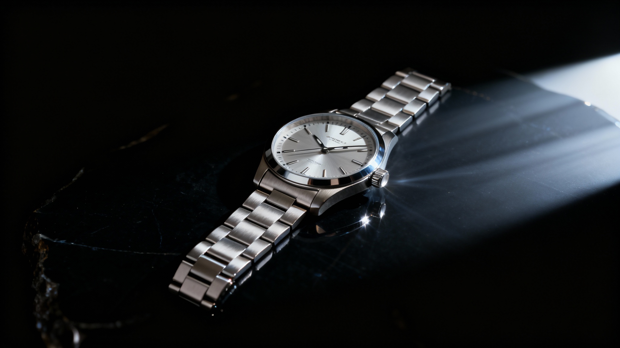 A hyper-realistic, professional product photograph of a luxury silver watch on a dark surface, dramatically lit to create strong highlights and deep shadows that emphasize its high-quality materials and intricate design.
