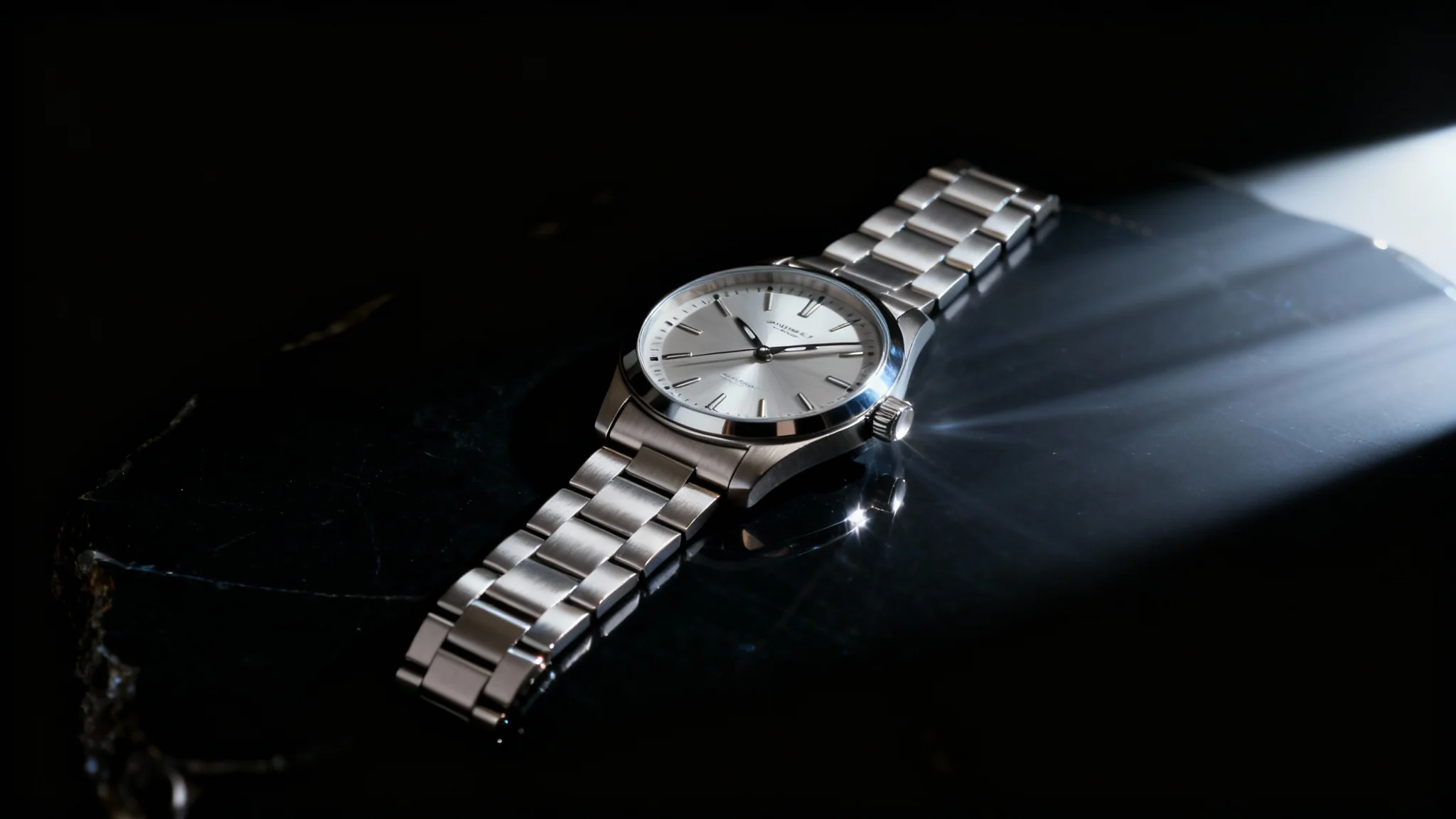 A hyper-realistic, professional product photograph of a luxury silver watch on a dark surface, dramatically lit to create strong highlights and deep shadows that emphasize its high-quality materials and intricate design.