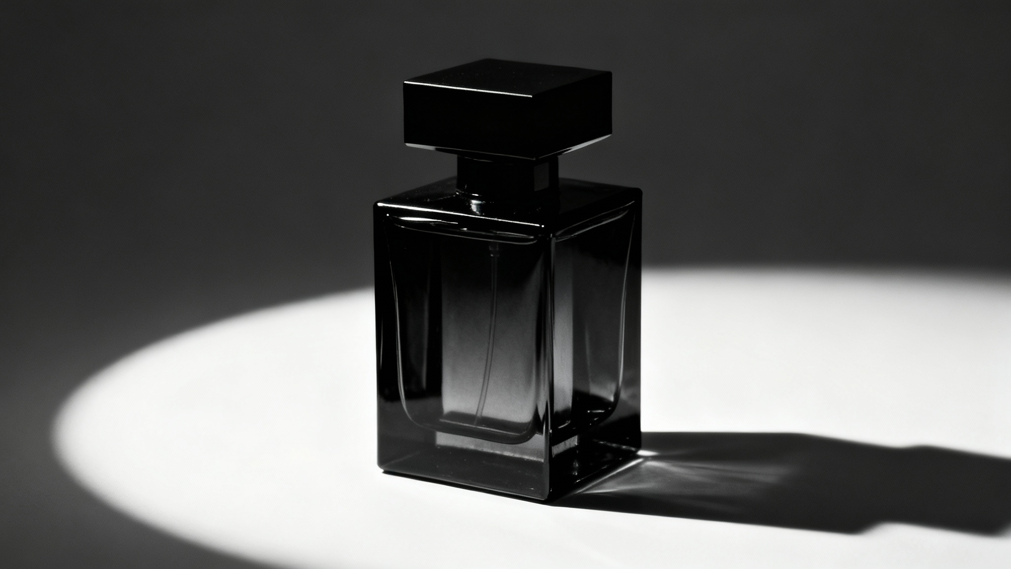 A close-up studio photograph of a luxurious perfume bottle, dramatically lit from one side against a dark background, highlighting its shape with a bright edge and casting deep shadows.