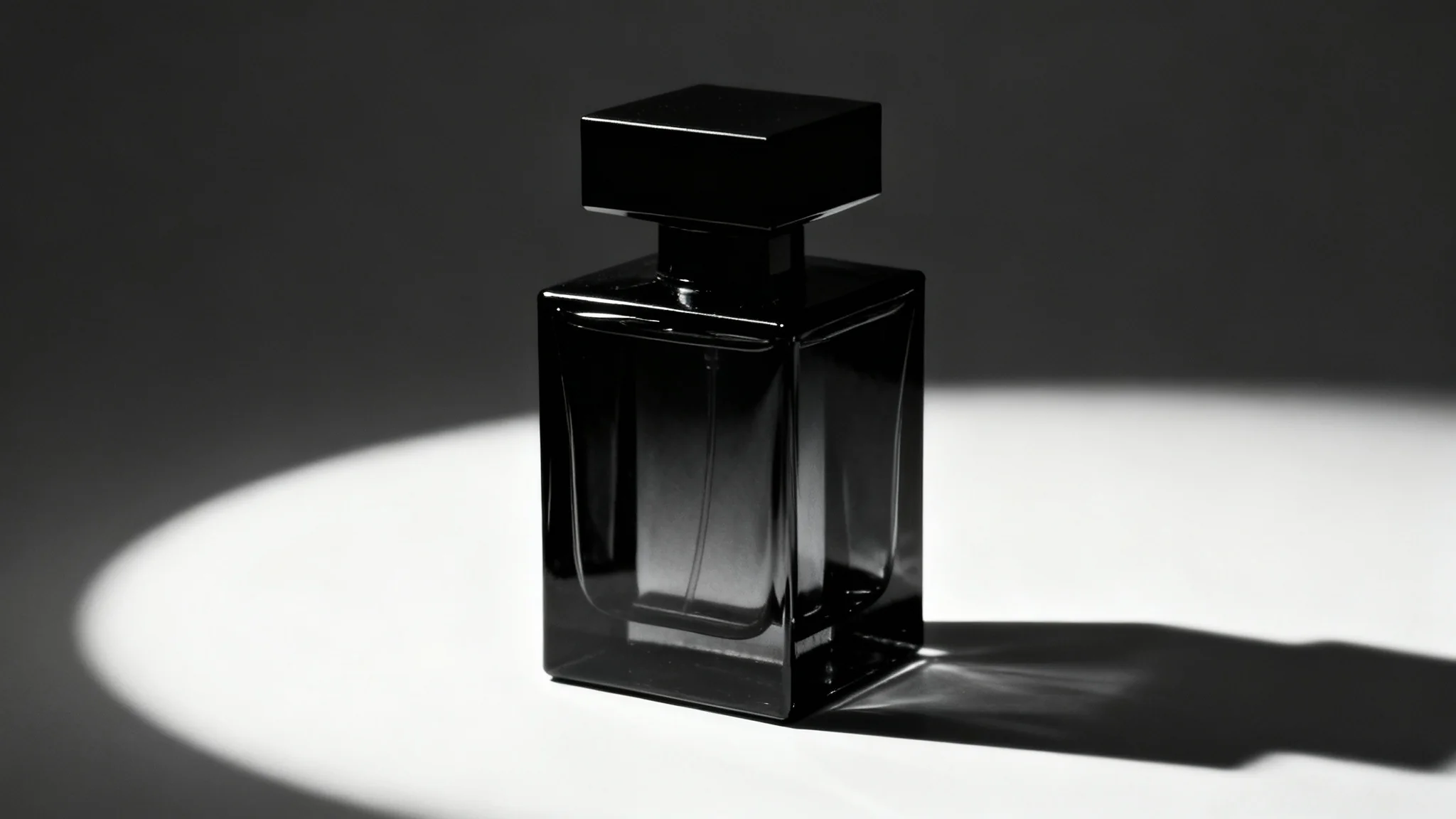 A close-up studio photograph of a luxurious perfume bottle, dramatically lit from one side against a dark background, highlighting its shape with a bright edge and casting deep shadows.