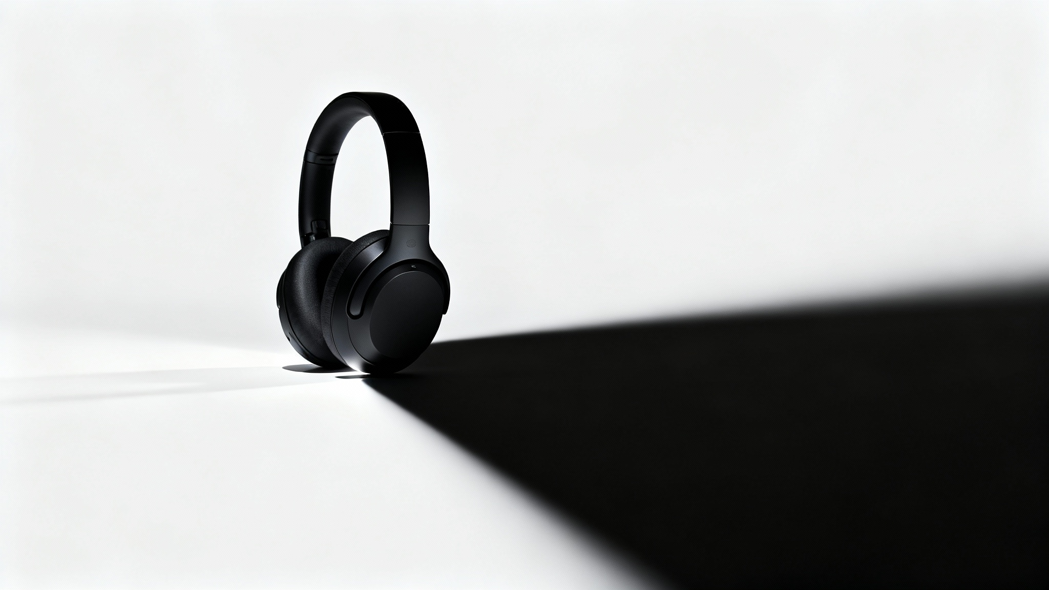A photorealistic mockup of a sleek, black wireless headphone dramatically lit from the side against a stark white background, creating long shadows and emphasizing its modern design.