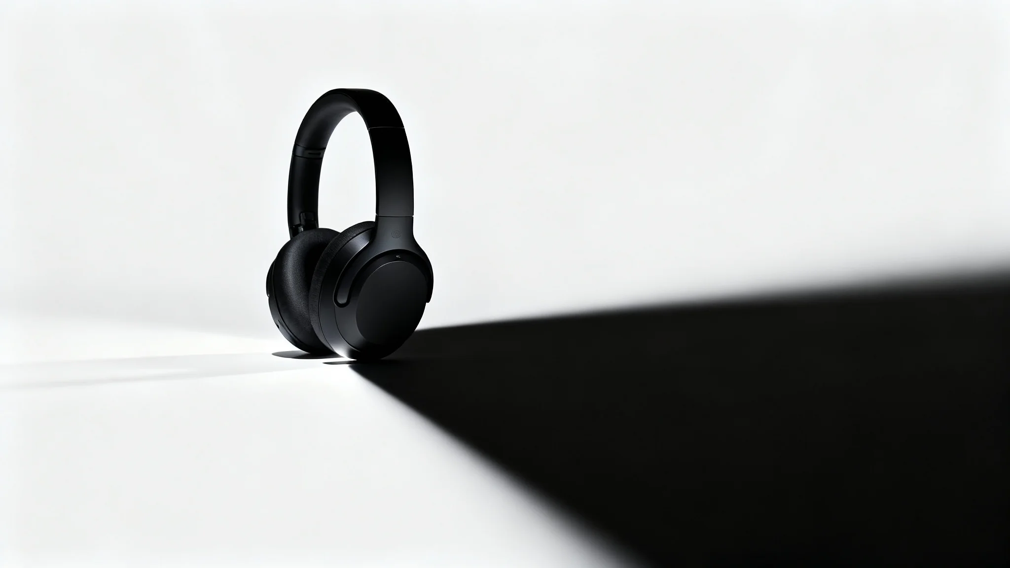 A photorealistic mockup of a sleek, black wireless headphone dramatically lit from the side against a stark white background, creating long shadows and emphasizing its modern design.