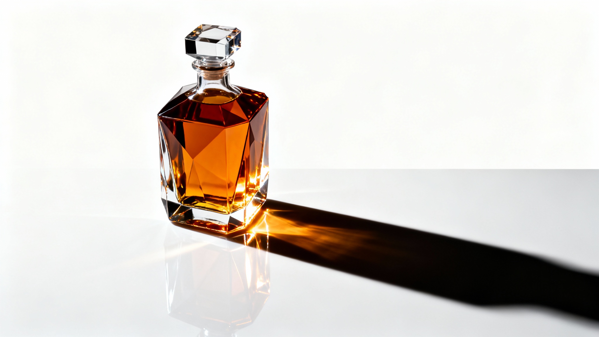 A dramatic studio photograph of a geometric whiskey bottle on a white surface, lit from the side to create high contrast and a long, dark shadow.