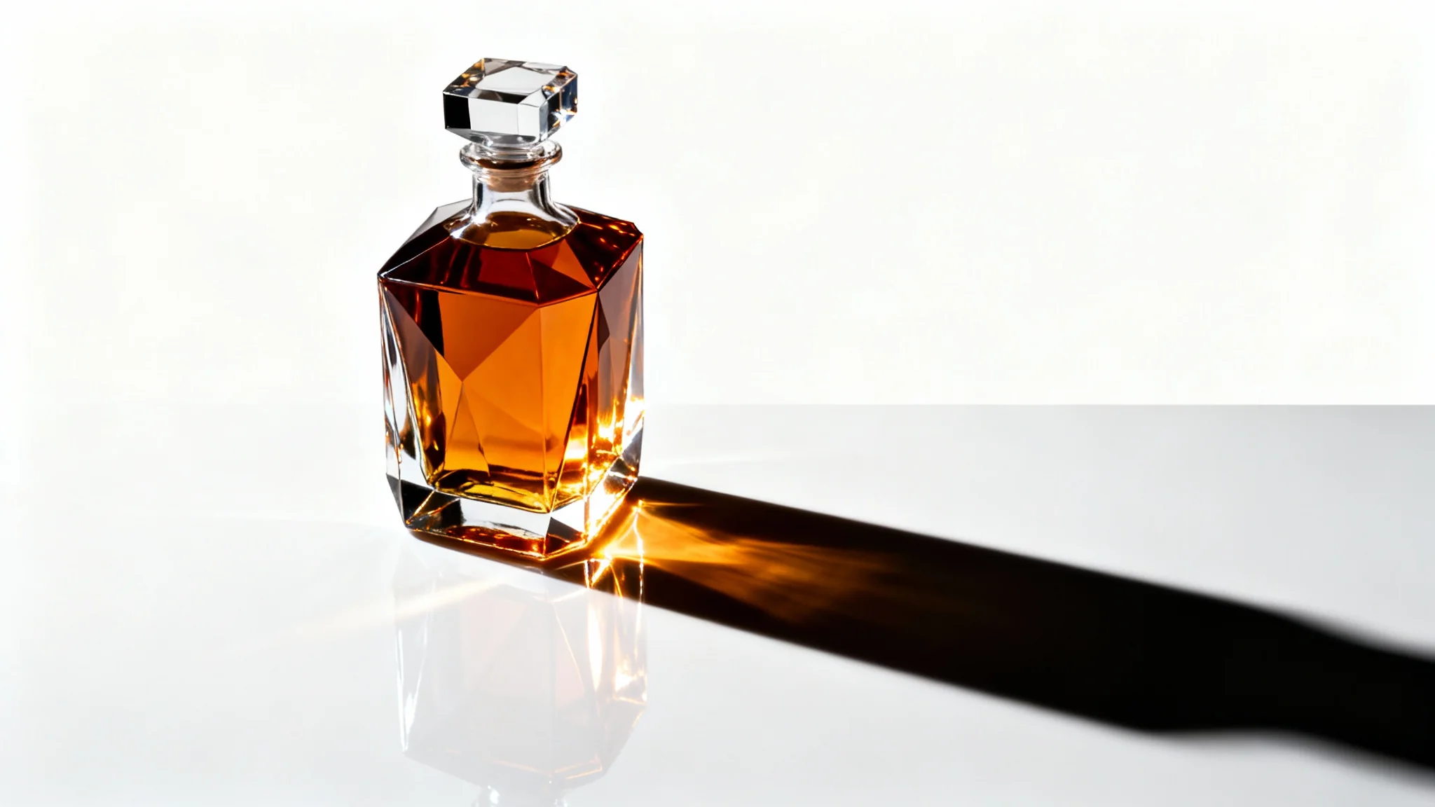 A dramatic studio photograph of a geometric whiskey bottle on a white surface, lit from the side to create high contrast and a long, dark shadow.