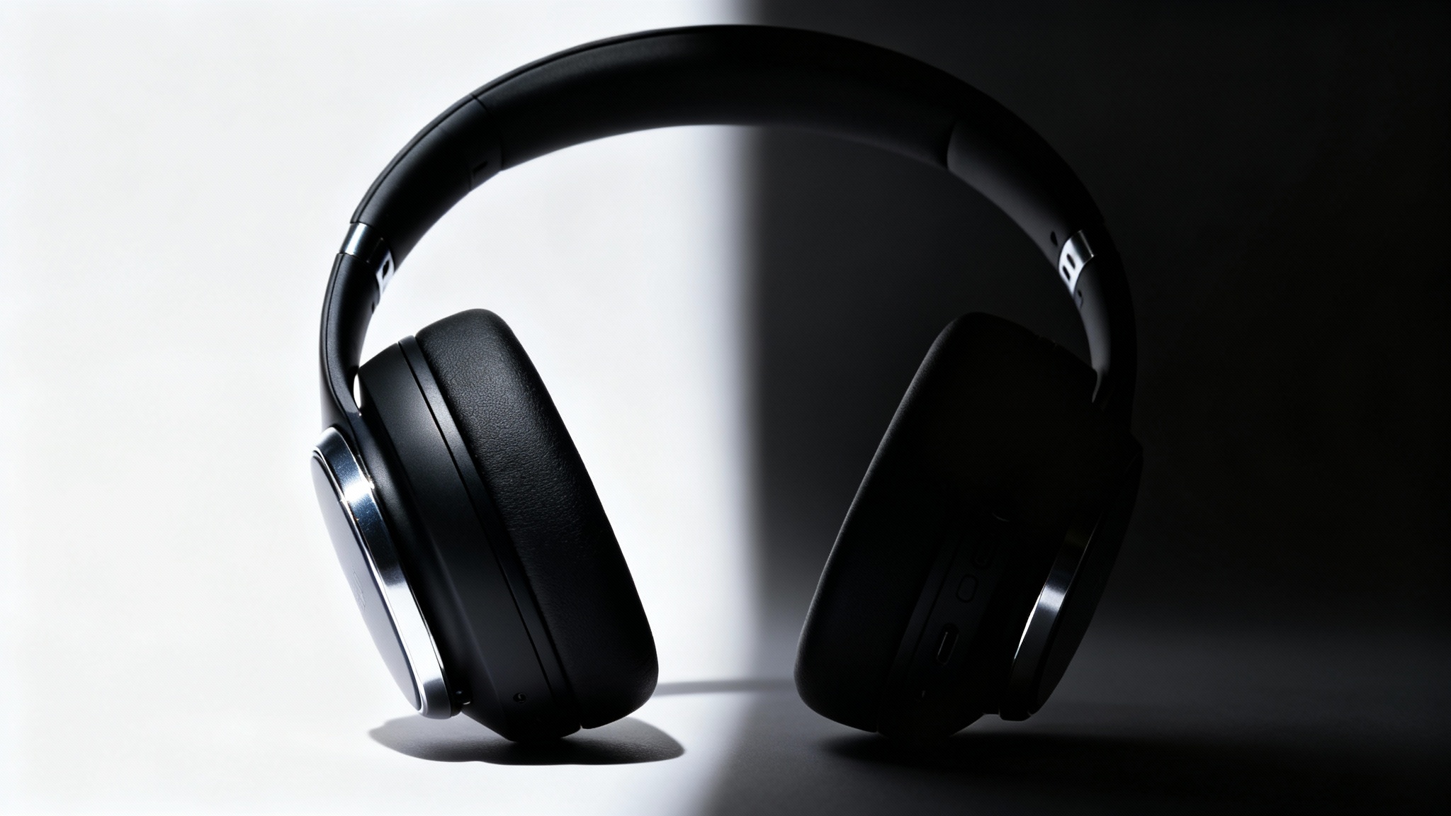 A photorealistic mockup of a sleek, black headphone set on a white background, illuminated with dramatic side lighting that creates strong highlights and deep shadows, emphasizing its modern design.