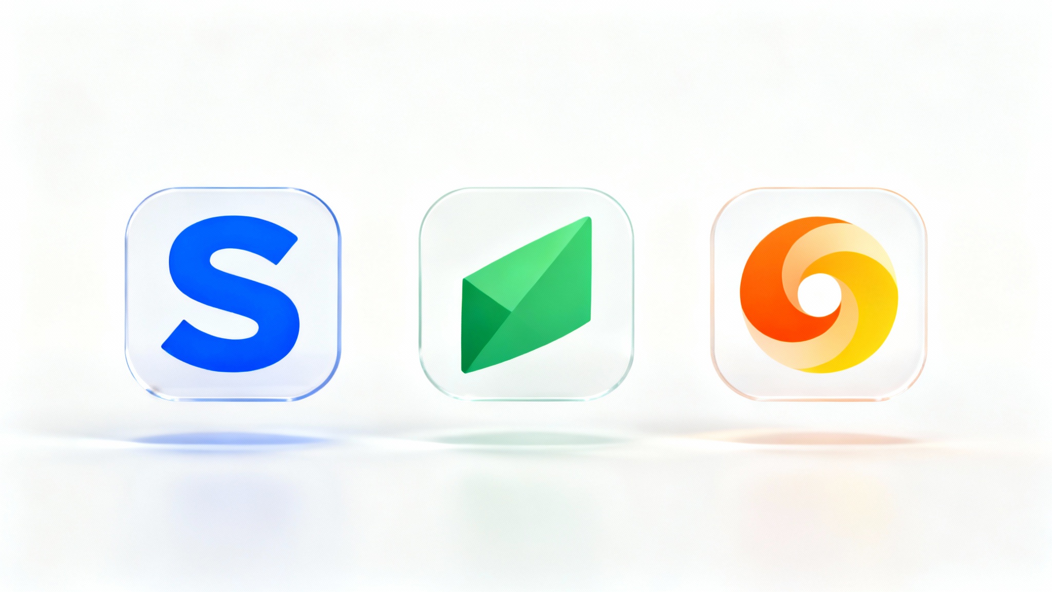 A mockup showcasing three modern favicons with transparent backgrounds. The icons, a blue letter 'S', a green leaf, and an orange swirl cast soft shadows on the white surface below, demonstrating their transparency.
