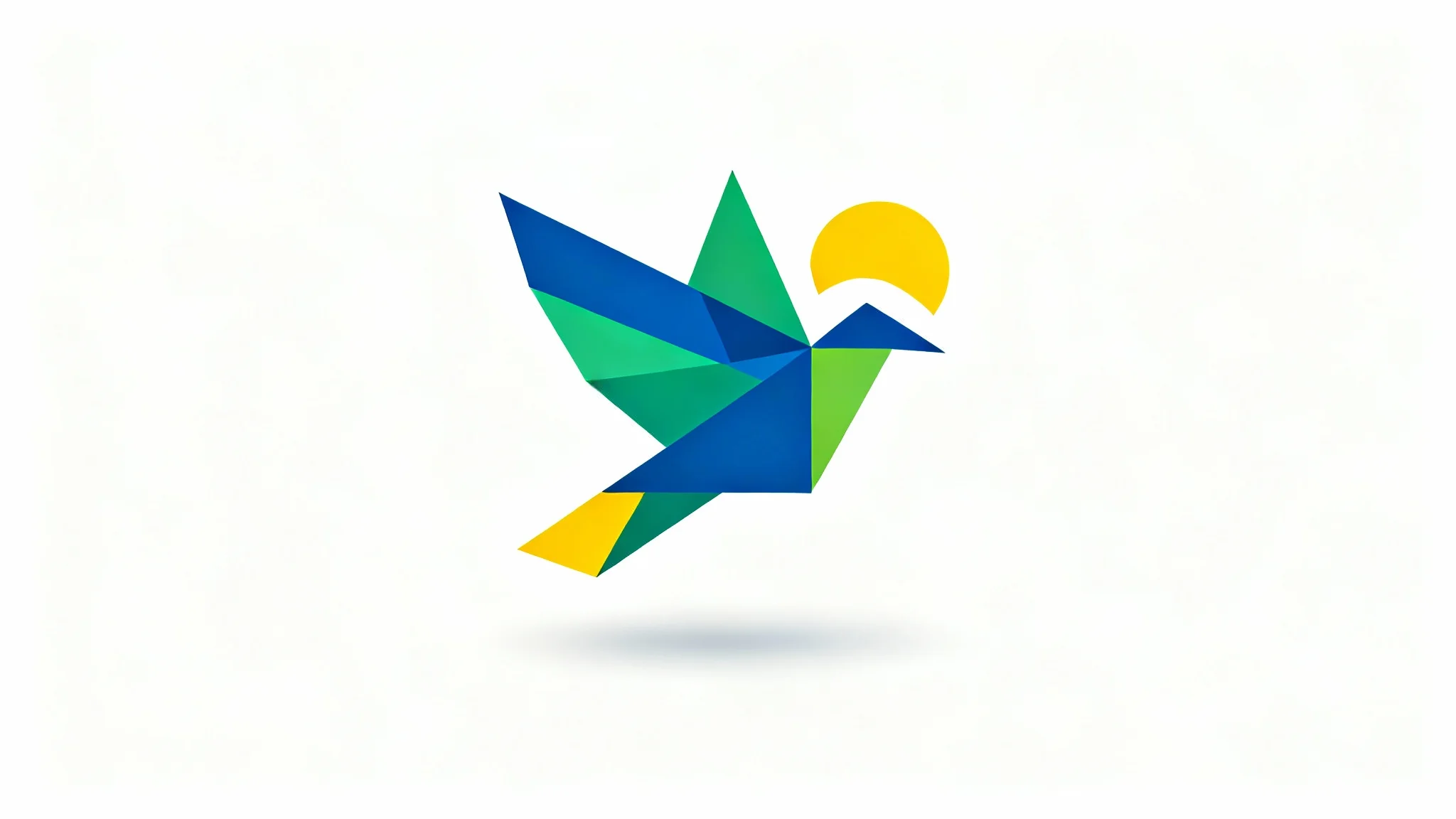 A modern favicon mockup of a stylized geometric bird in blue, green, and yellow, floating over a white surface with a soft shadow to represent a transparent background.
