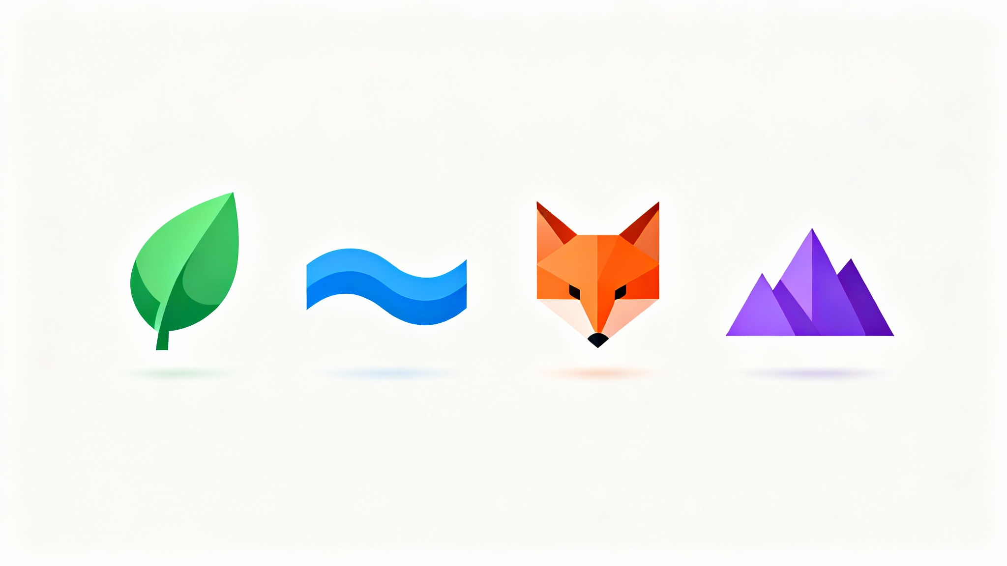 A lineup of four modern, minimalist favicons, a leaf, wave, fox, and mountain each with a soft shadow on a white background, demonstrating their transparency.