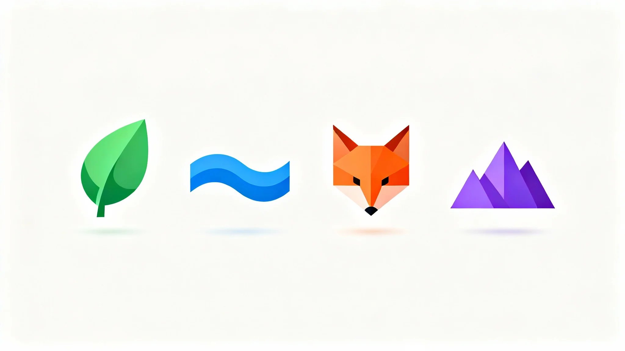 A lineup of four modern, minimalist favicons, a leaf, wave, fox, and mountain each with a soft shadow on a white background, demonstrating their transparency.
