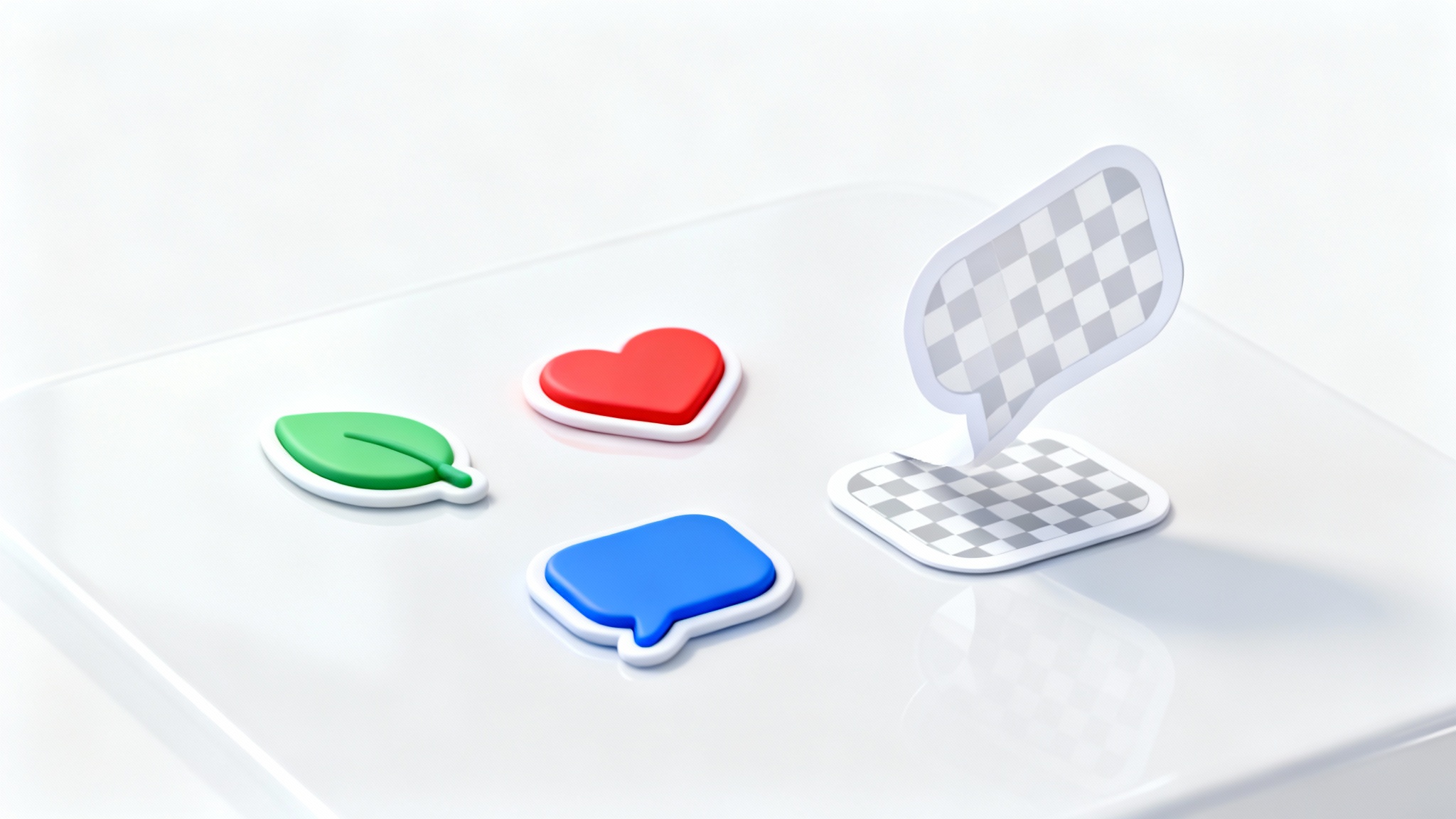 A 3D rendering of several colorful, stylized favicons on a white surface. One icon is being lifted up to reveal a checkerboard pattern underneath, symbolizing a transparent background.