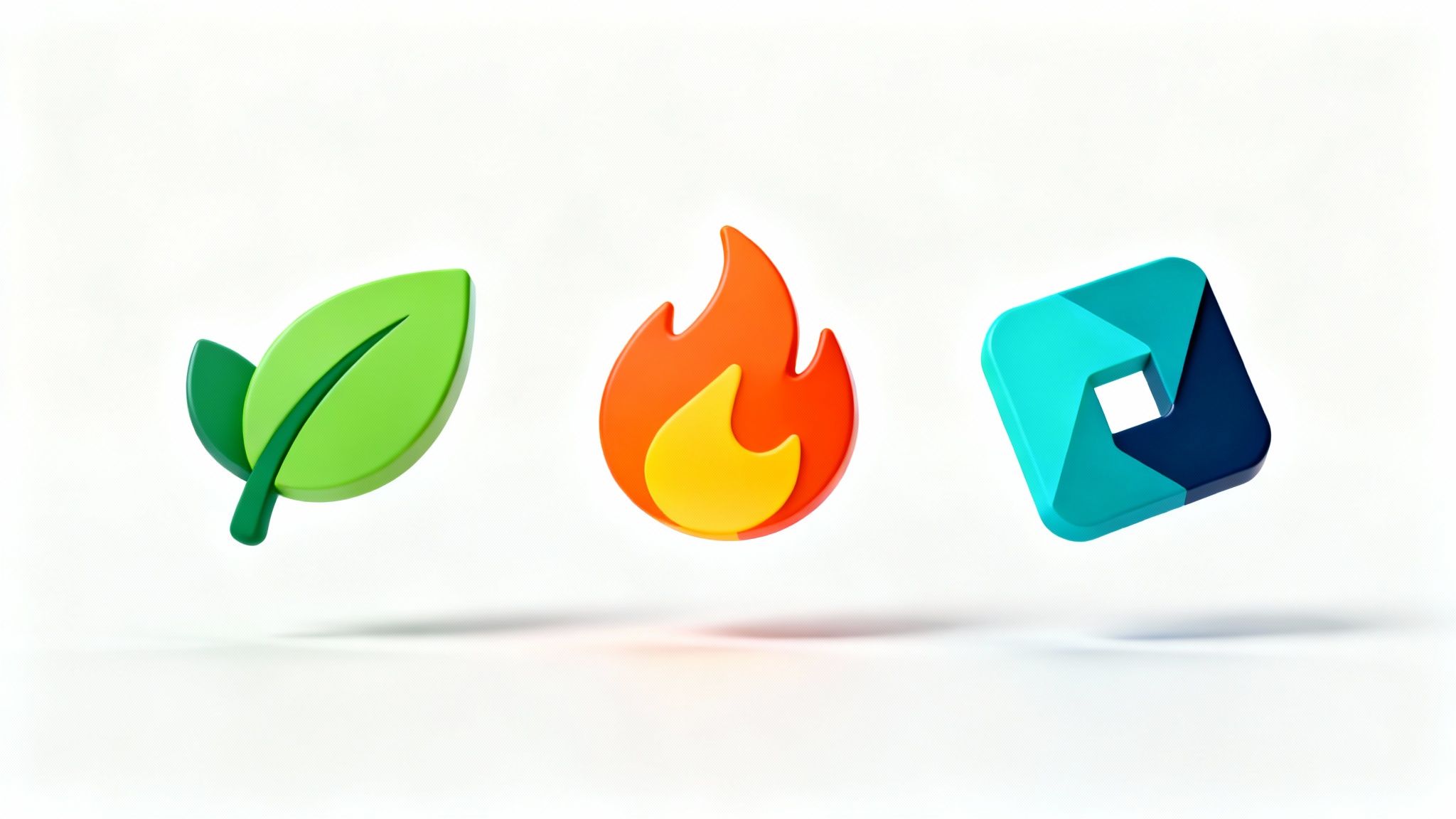 Three modern 3D favicons, a green leaf, an orange flame, and a blue geometric shape floating over a white background, demonstrating the look of icons with a transparent background.