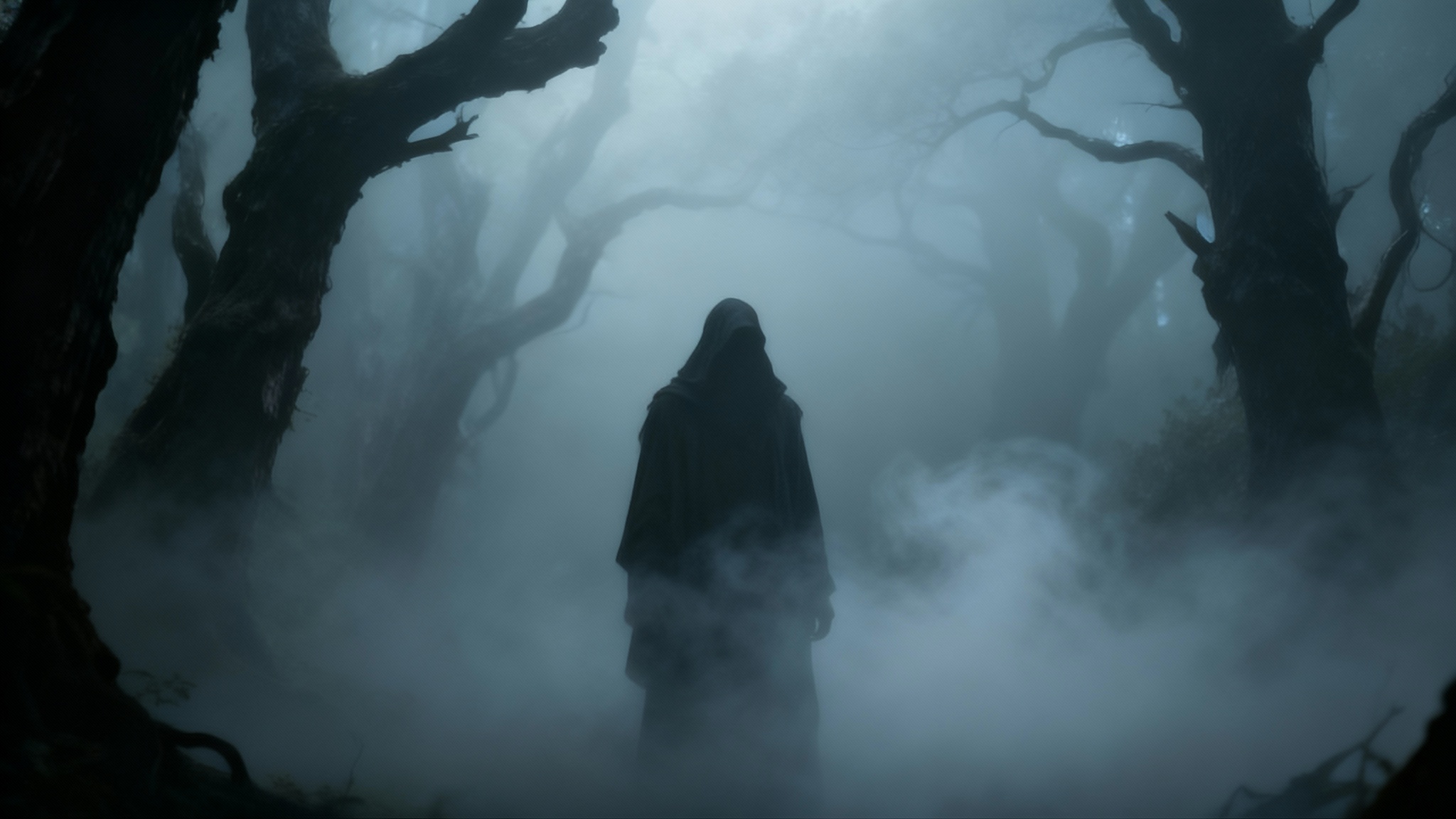 An atmospheric photo of a dark forest after a fog overlay effect has been applied, showing a mysterious figure standing amidst dense, swirling mist and silhouetted trees.