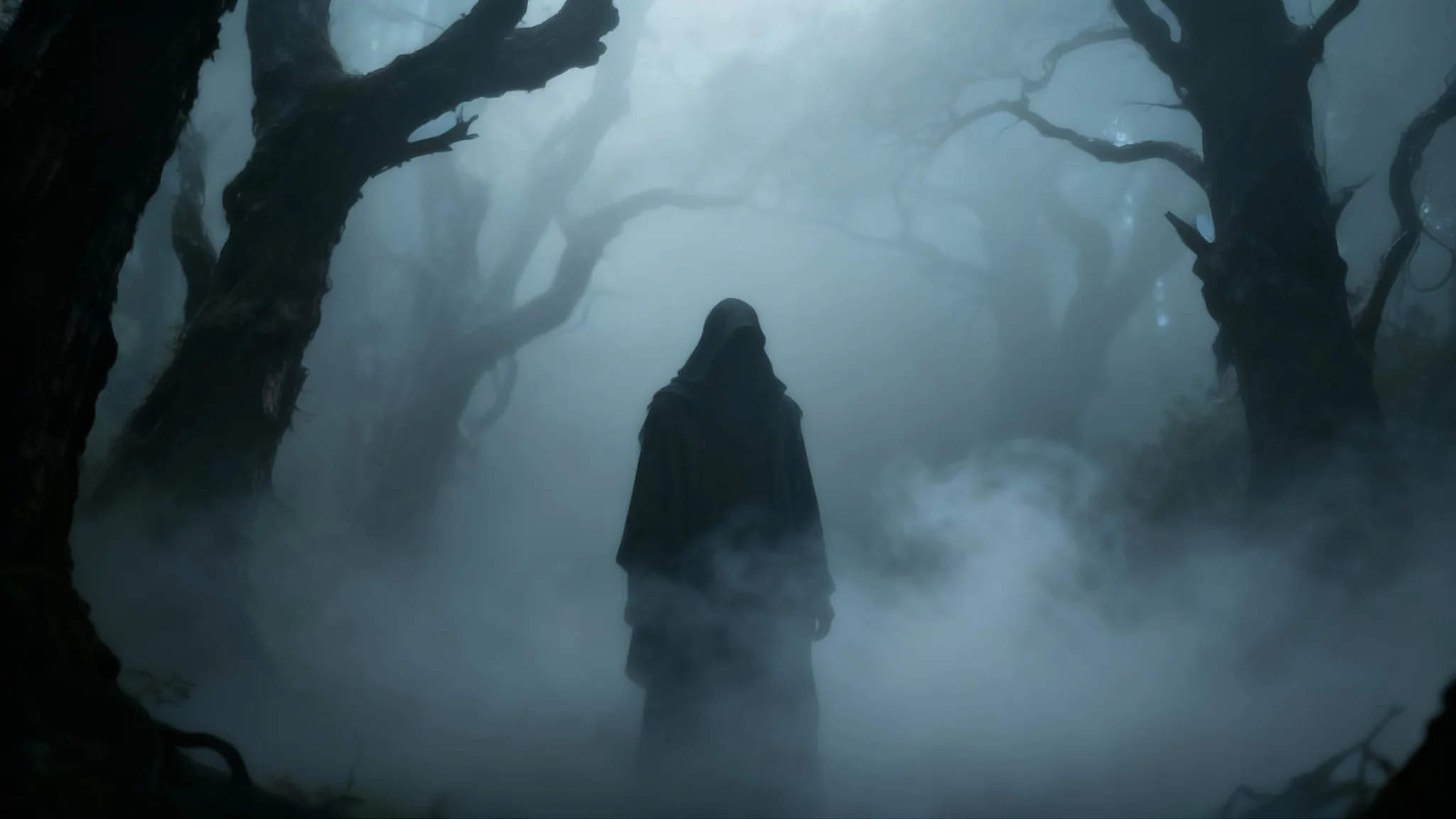 An atmospheric photo of a dark forest after a fog overlay effect has been applied, showing a mysterious figure standing amidst dense, swirling mist and silhouetted trees.