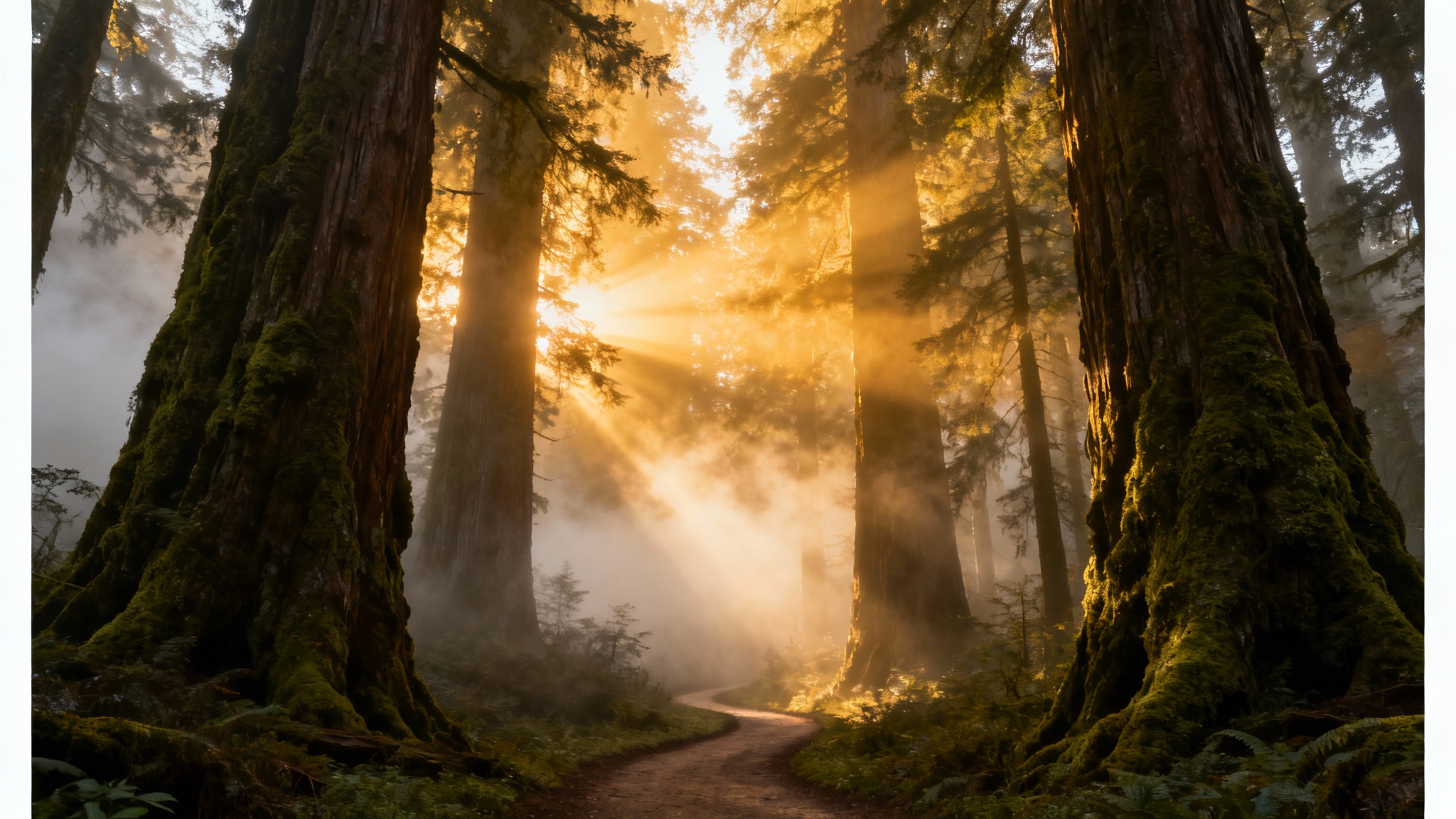A photorealistic image of a dense, ancient forest shrouded in thick, mystical fog, with dramatic golden sunbeams piercing through the trees, demonstrating a fog overlay effect.