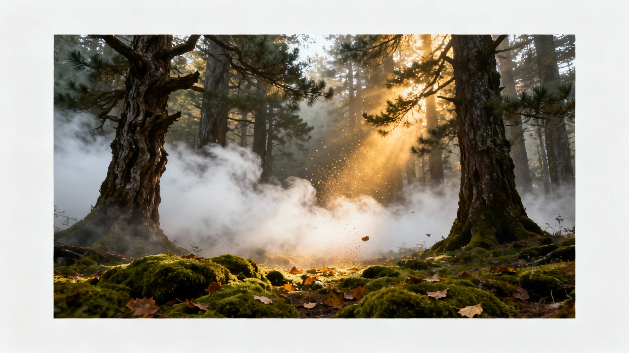 A photorealistic mockup of a forest scene enhanced with a fog overlay, showing thick fog rolling between tall trees as sunbeams pierce through, all isolated on a white background.