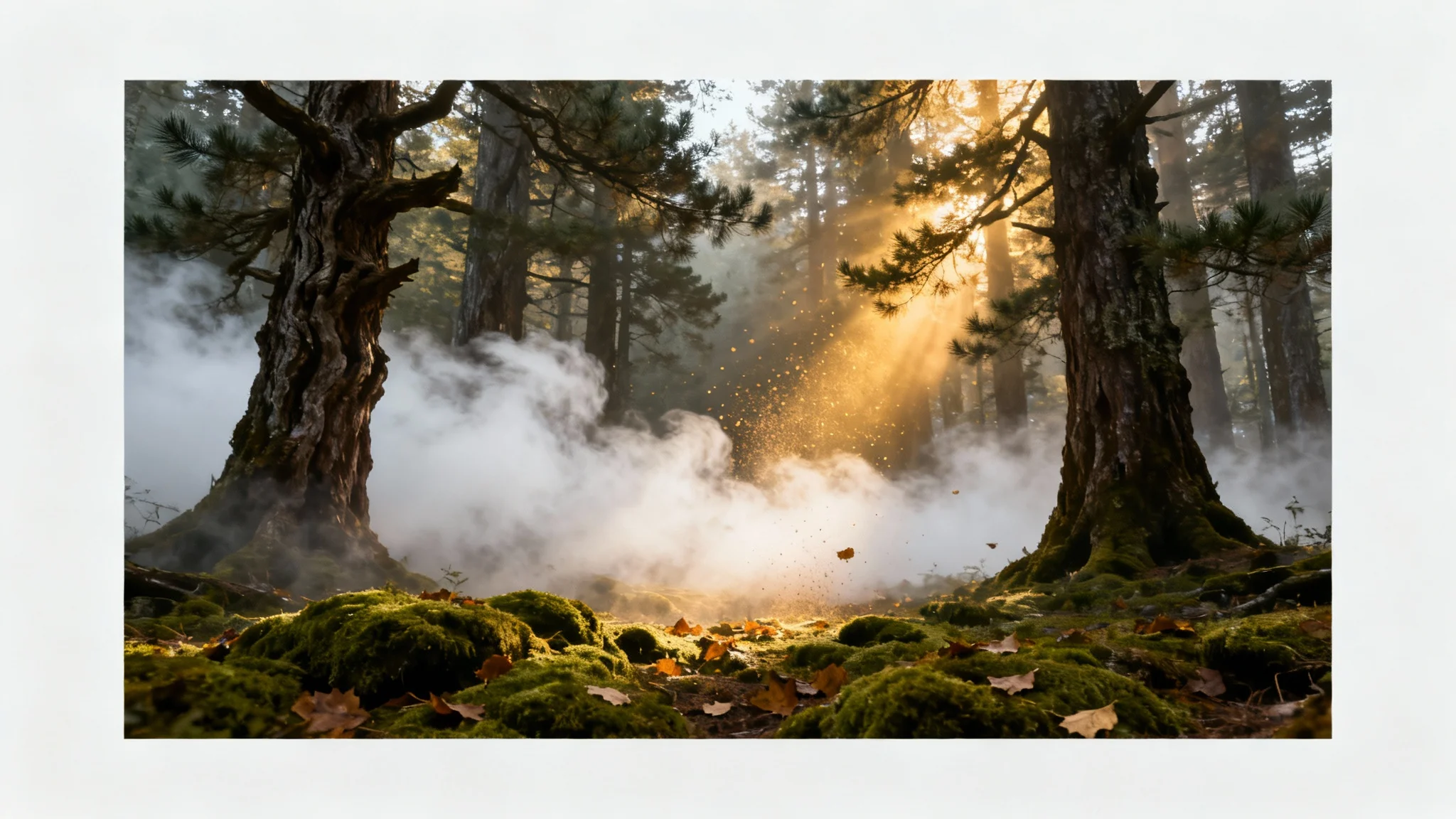 A photorealistic mockup of a forest scene enhanced with a fog overlay, showing thick fog rolling between tall trees as sunbeams pierce through, all isolated on a white background.