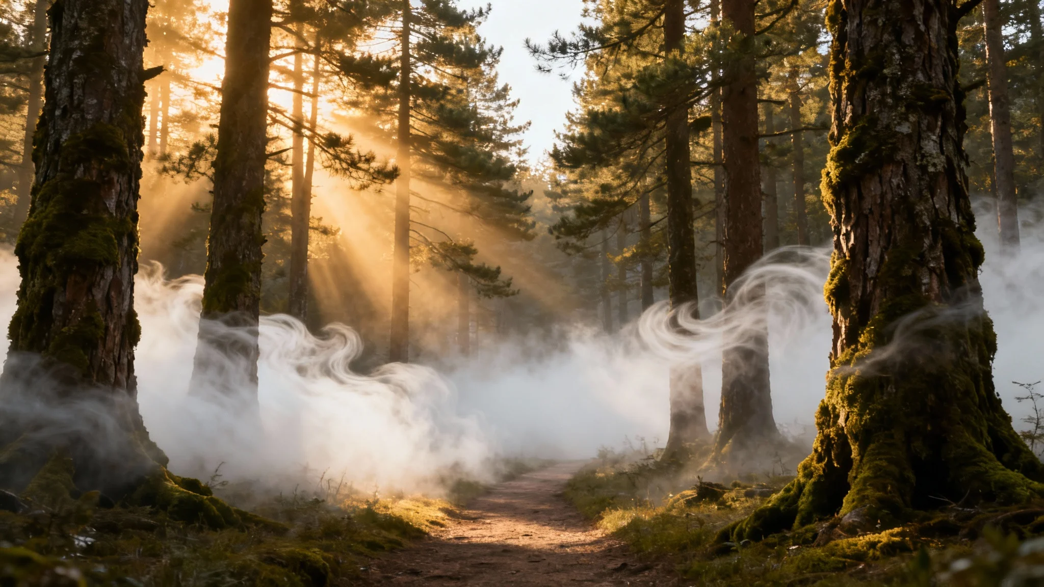 An enchanted forest at sunrise, with golden light rays cutting through a thick layer of fog on the forest floor, showcasing a fog overlay effect.