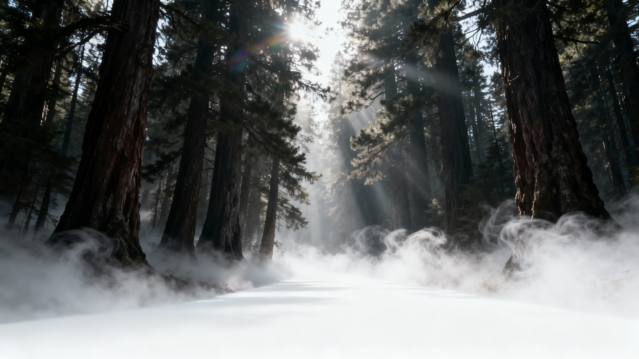 A photorealistic image of a dense forest path enveloped in thick, white fog, with sunbeams piercing through the trees, demonstrating a fog overlay effect.