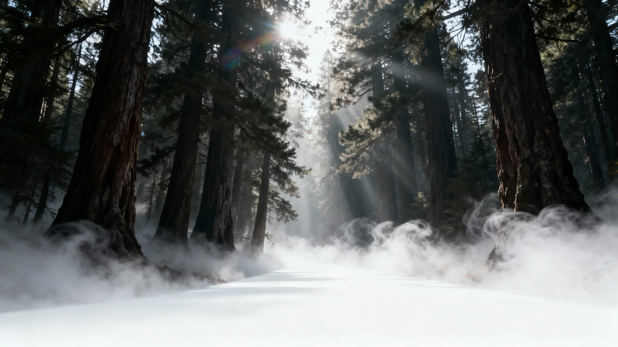 A photorealistic image of a dense forest path enveloped in thick, white fog, with sunbeams piercing through the trees, demonstrating a fog overlay effect.