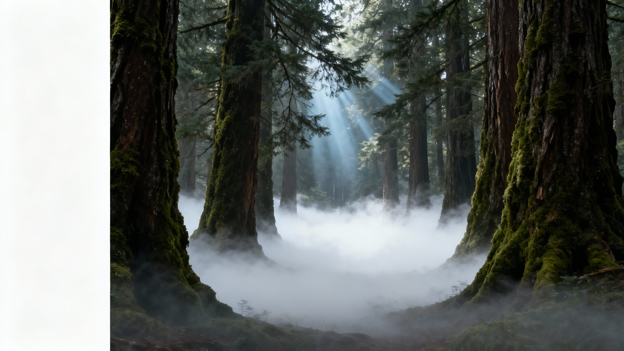 An atmospheric photo of a dense forest with thick fog rolling across the ground and light rays filtering through the trees, demonstrating a fog overlay effect.