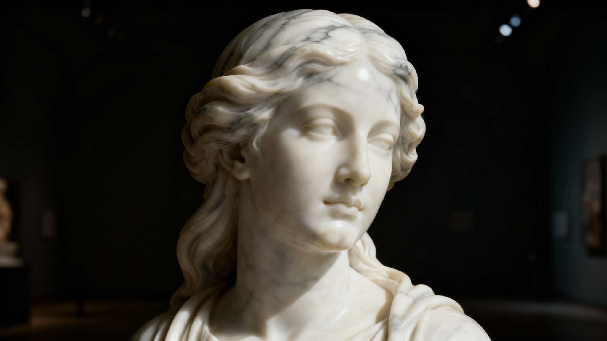 A photorealistic image showcasing a 'marble statue effect', where a woman's face and flowing hair have been transformed into a polished white and grey marble sculpture, set against a dark background.