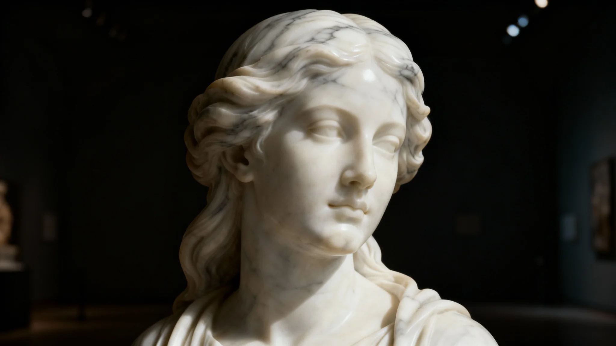 A photorealistic image showcasing a 'marble statue effect', where a woman's face and flowing hair have been transformed into a polished white and grey marble sculpture, set against a dark background.