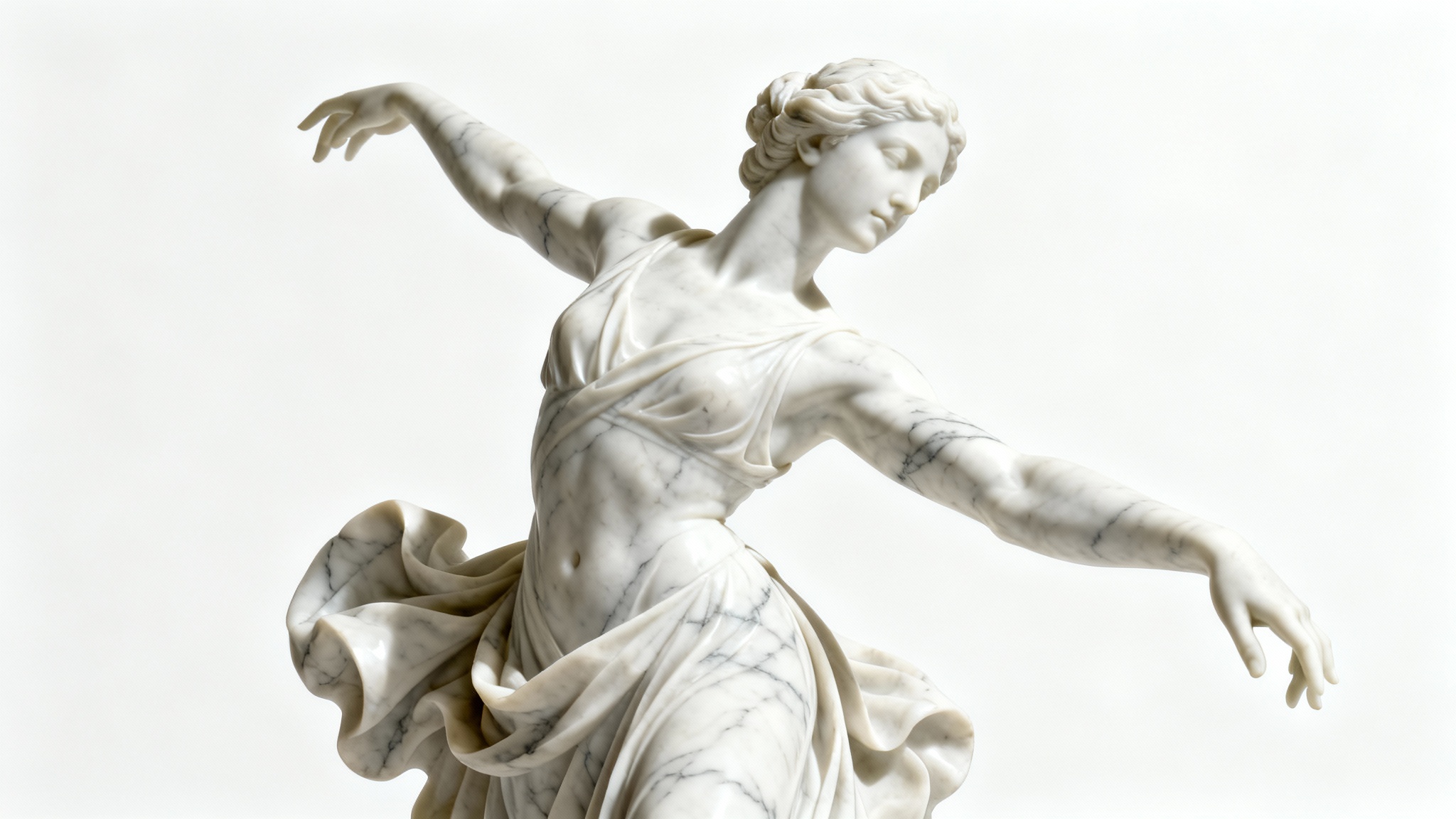 A photorealistic mockup of a white Carrara marble statue of a dancer in a dynamic pose, showcased against a clean white background with dramatic lighting.