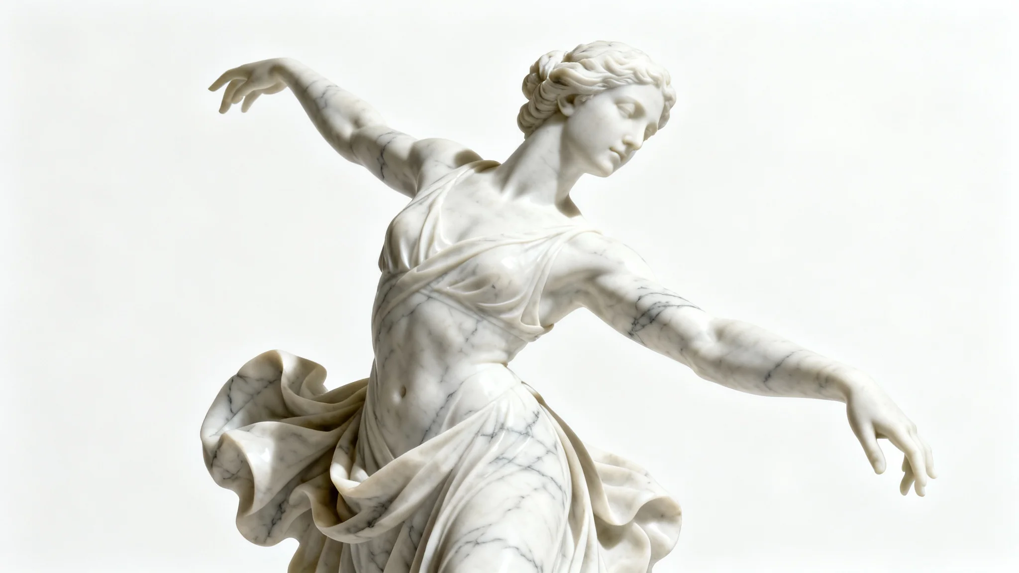 A photorealistic mockup of a white Carrara marble statue of a dancer in a dynamic pose, showcased against a clean white background with dramatic lighting.