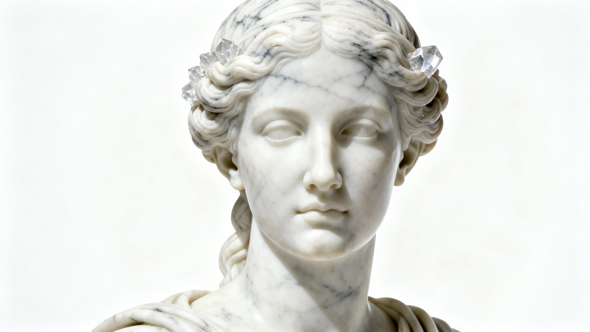 A hyperrealistic mockup of a classical Greek bust of a woman, rendered to look like it's carved from white marble, set against a clean white background to showcase the marble statue effect.