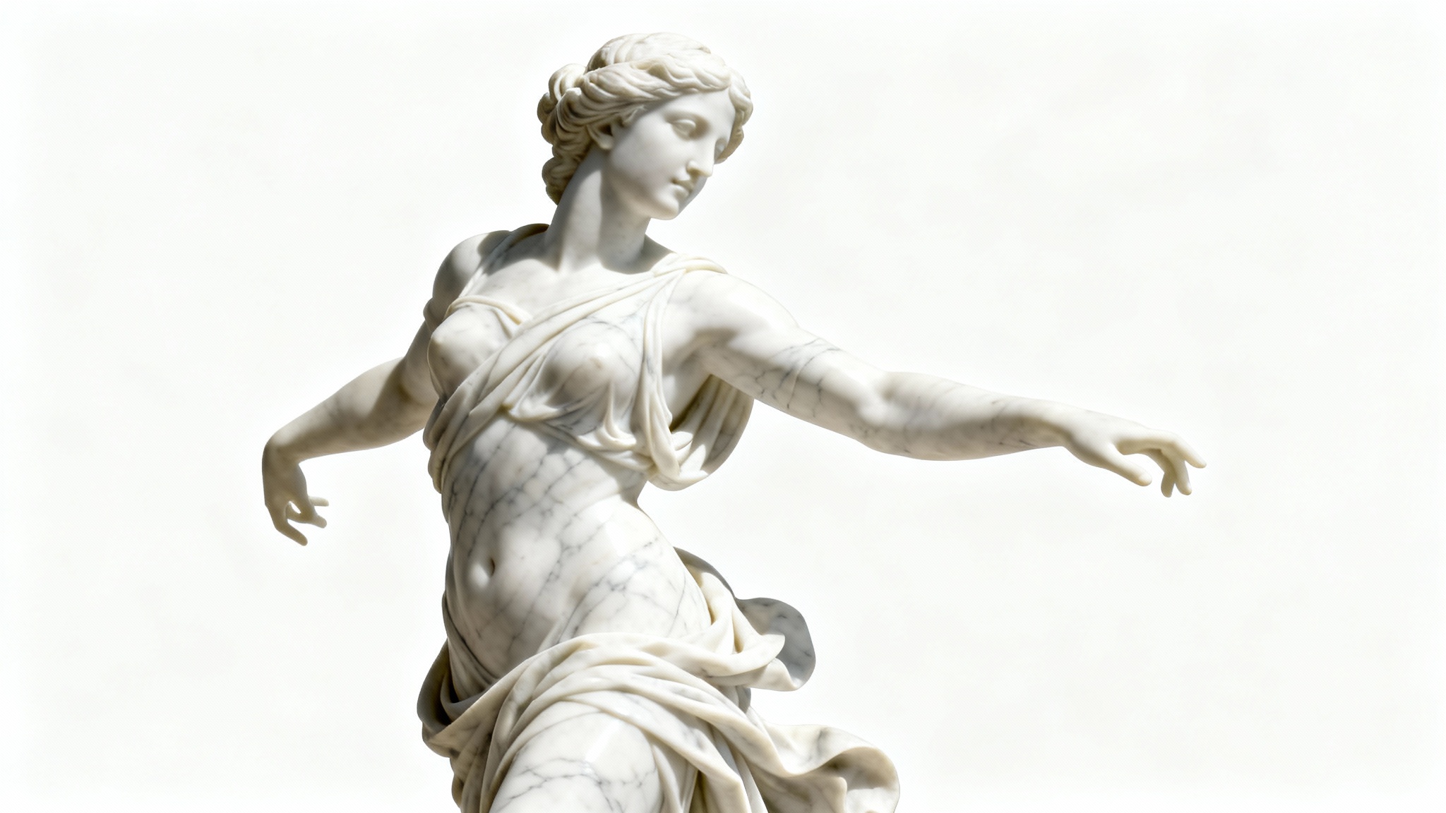 A hyper-realistic image showcasing the marble statue effect, featuring a classical goddess figure made of white Carrara marble with grey veins, posed gracefully against a solid white background.