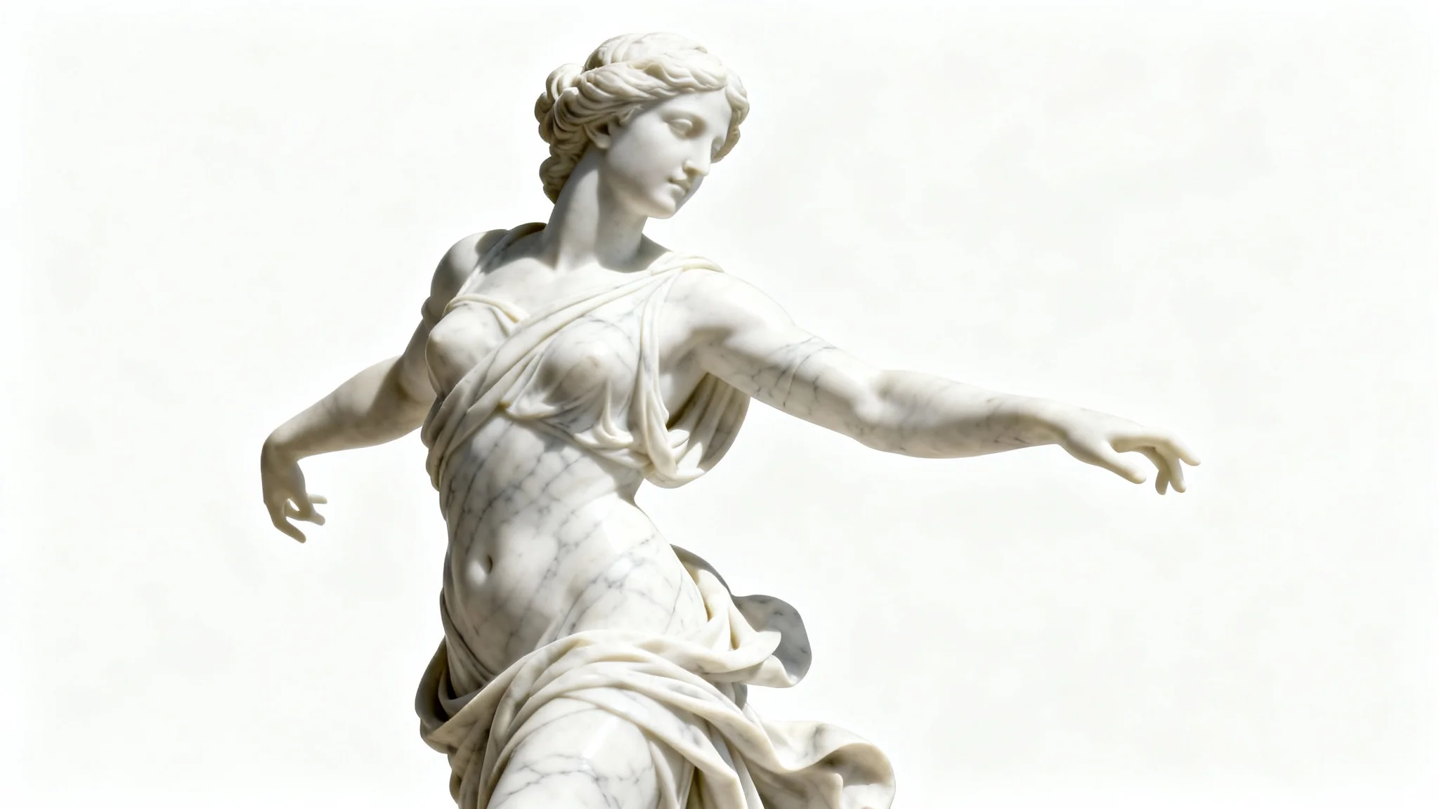 A hyper-realistic image showcasing the marble statue effect, featuring a classical goddess figure made of white Carrara marble with grey veins, posed gracefully against a solid white background.