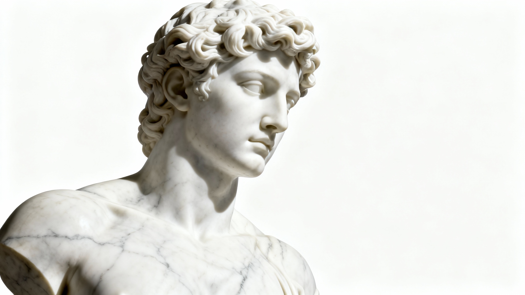 A photorealistic bust of a man rendered as a white marble statue, with dramatic side lighting that highlights the detailed carving and texture against a clean white background.
