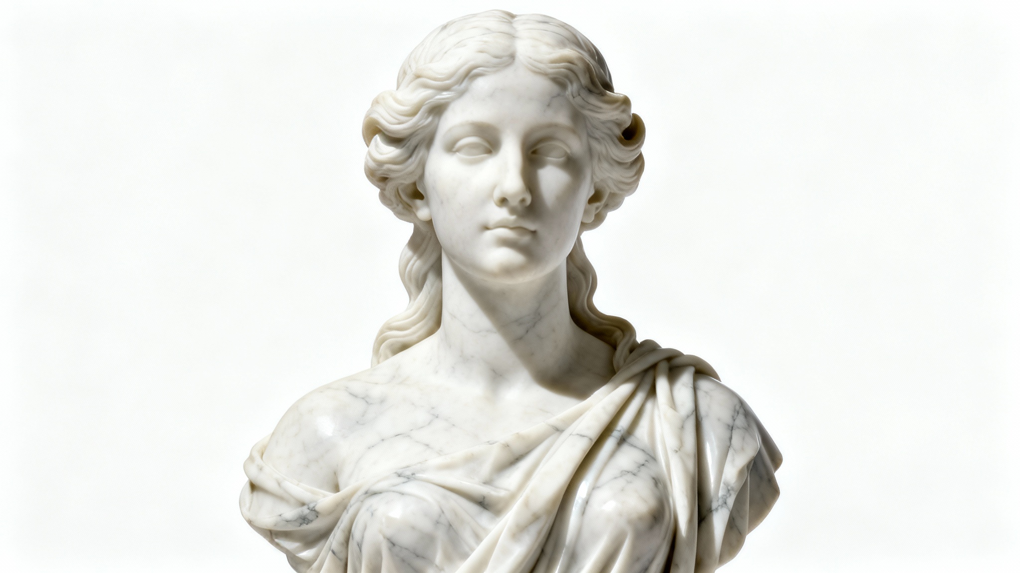 A hyperrealistic digital rendering of a woman's bust carved from polished white marble, set against a plain white background, demonstrating a marble statue effect.