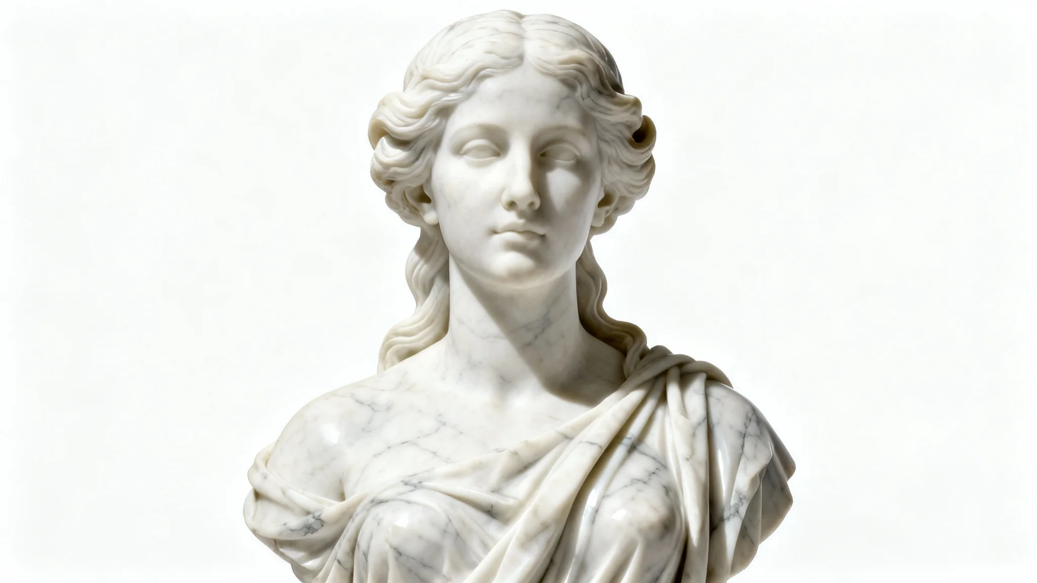 A hyperrealistic digital rendering of a woman's bust carved from polished white marble, set against a plain white background, demonstrating a marble statue effect.
