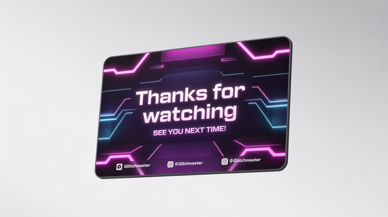 A mockup of a futuristic purple and blue neon Twitch ending screen with the text 'Thanks for watching' and social media handles, set against a white background.