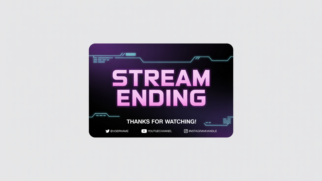 A modern Twitch ending screen mockup with a dark purple and black background. It features neon pink text saying 'STREAM ENDING' and 'Thanks For Watching!', with social media icons and placeholder text at the bottom.