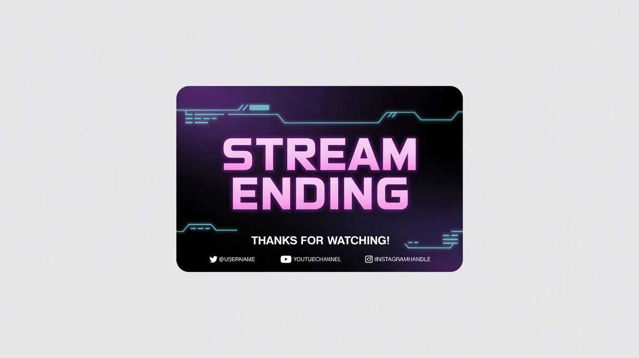 A modern Twitch ending screen mockup with a dark purple and black background. It features neon pink text saying 'STREAM ENDING' and 'Thanks For Watching!', with social media icons and placeholder text at the bottom.