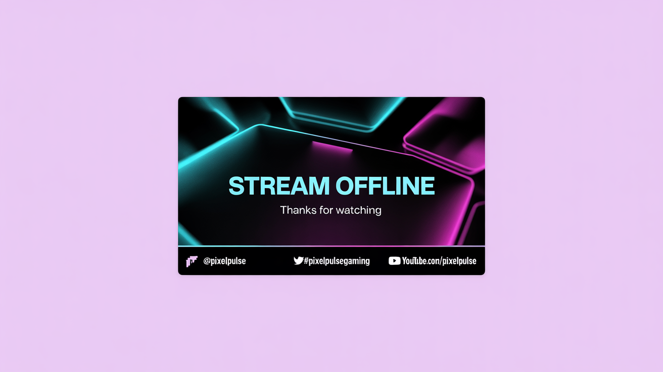 A mockup of a modern Twitch ending screen with a futuristic, dark theme and neon highlights. It features the text 'STREAM OFFLINE' and 'THANKS FOR WATCHING', along with fictional social media handles.