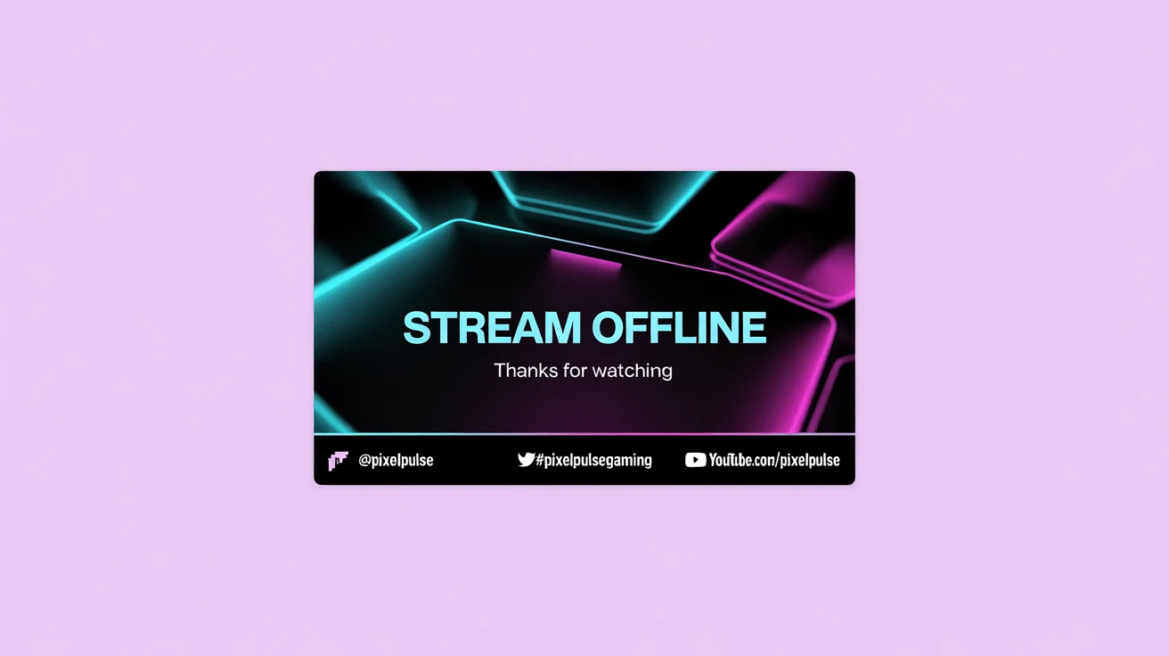 A mockup of a modern Twitch ending screen with a futuristic, dark theme and neon highlights. It features the text 'STREAM OFFLINE' and 'THANKS FOR WATCHING', along with fictional social media handles.