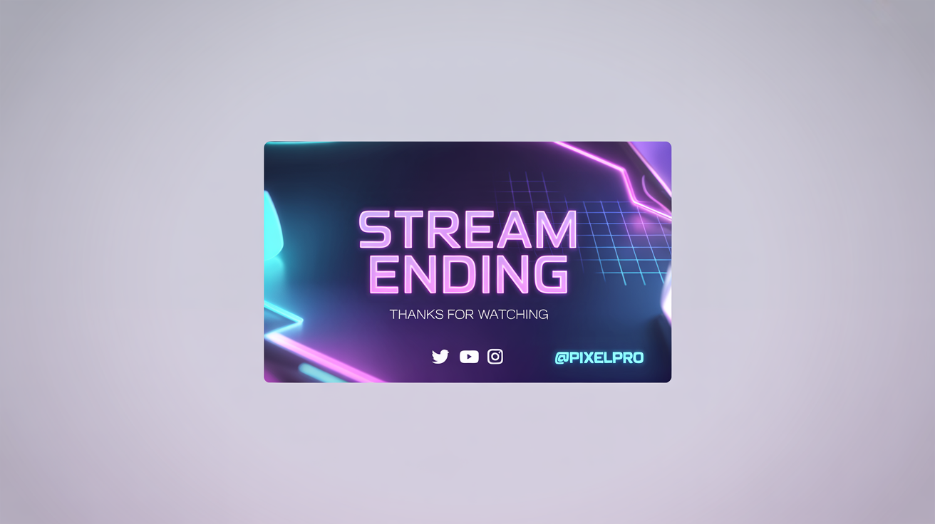 A modern Twitch ending screen mockup with a futuristic design. It features the text 'Stream Ending' and 'Thanks For Watching' in neon fonts against a dark background, with social media handles at the bottom.