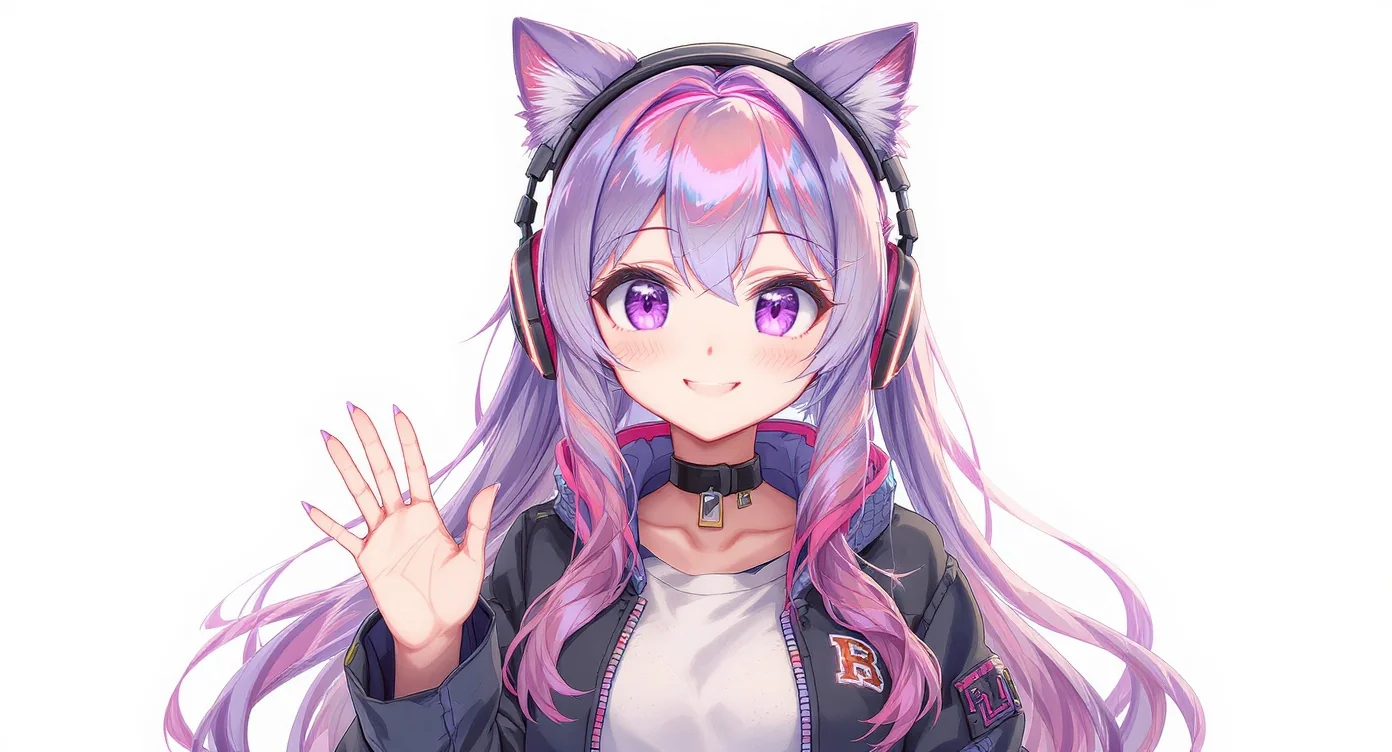 A vibrant anime-style female VTuber avatar with iridescent pink and lavender hair, wearing glowing cat-ear headphones and waving cheerfully against a plain white background.
