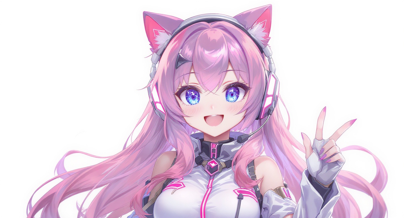 An anime-style female VTuber avatar with pink and lavender hair, galaxy eyes, and a futuristic outfit with glowing cat-ear headphones, set against a white background.
