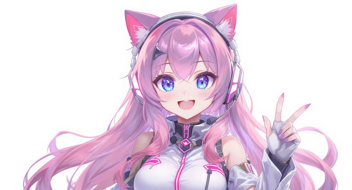 An anime-style female VTuber avatar with pink and lavender hair, galaxy eyes, and a futuristic outfit with glowing cat-ear headphones, set against a white background.