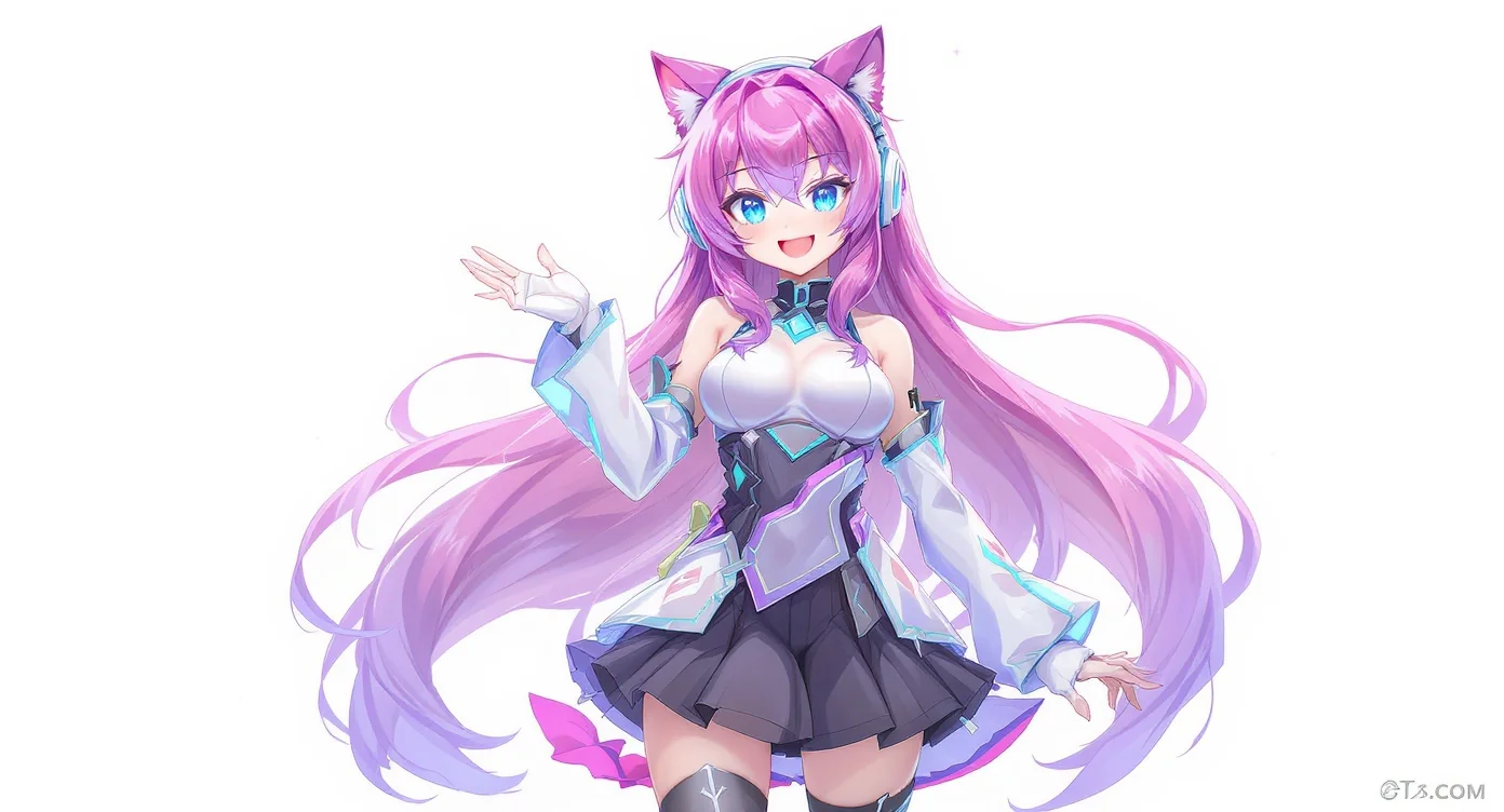A full-body illustration of a female anime VTuber avatar with pink and lavender hair, wearing a futuristic outfit and cat-ear headphones, waving friendly against a solid white background.